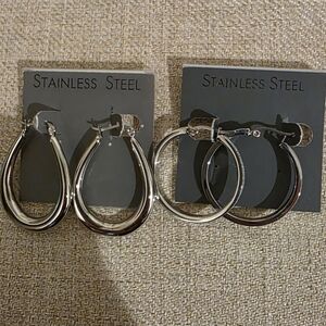 Silver Stainless Steel Hoop Earrings Set